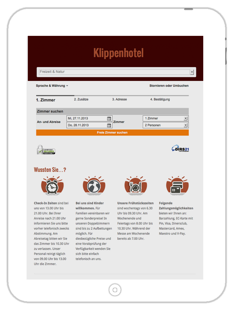 Responsive Webdesign für Hotel-Online-Shop und Website. Darstellung im iPad (mobile device) groß 02